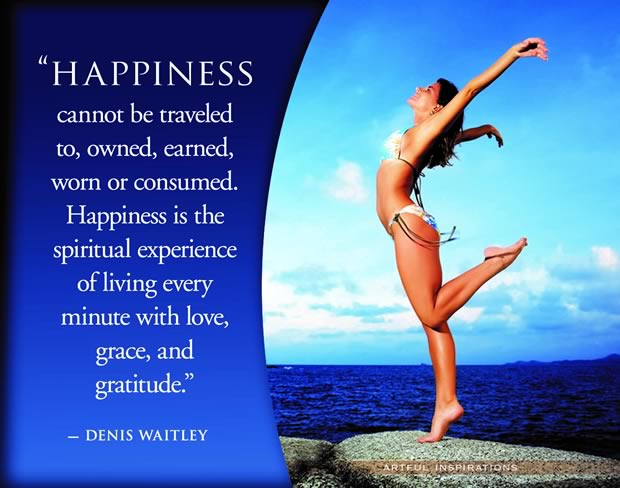Happiness cannot be traveled to, owned, or consumed. Happiness is the spiritual experience of living every minute with love, grace, and gratitude. - Denis Waitley 